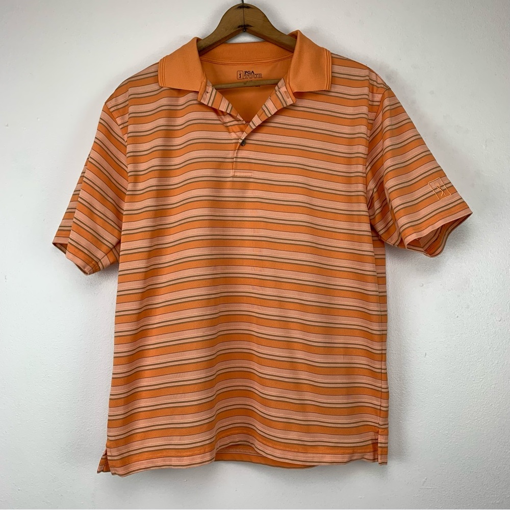PGA Tour Shirt Men’s Large Gold Polo Orange Striped Polyester Logo Embroidered